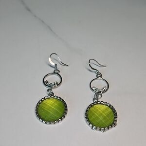 Silver-Tone Green Dangle Earrings with Crystal Accents